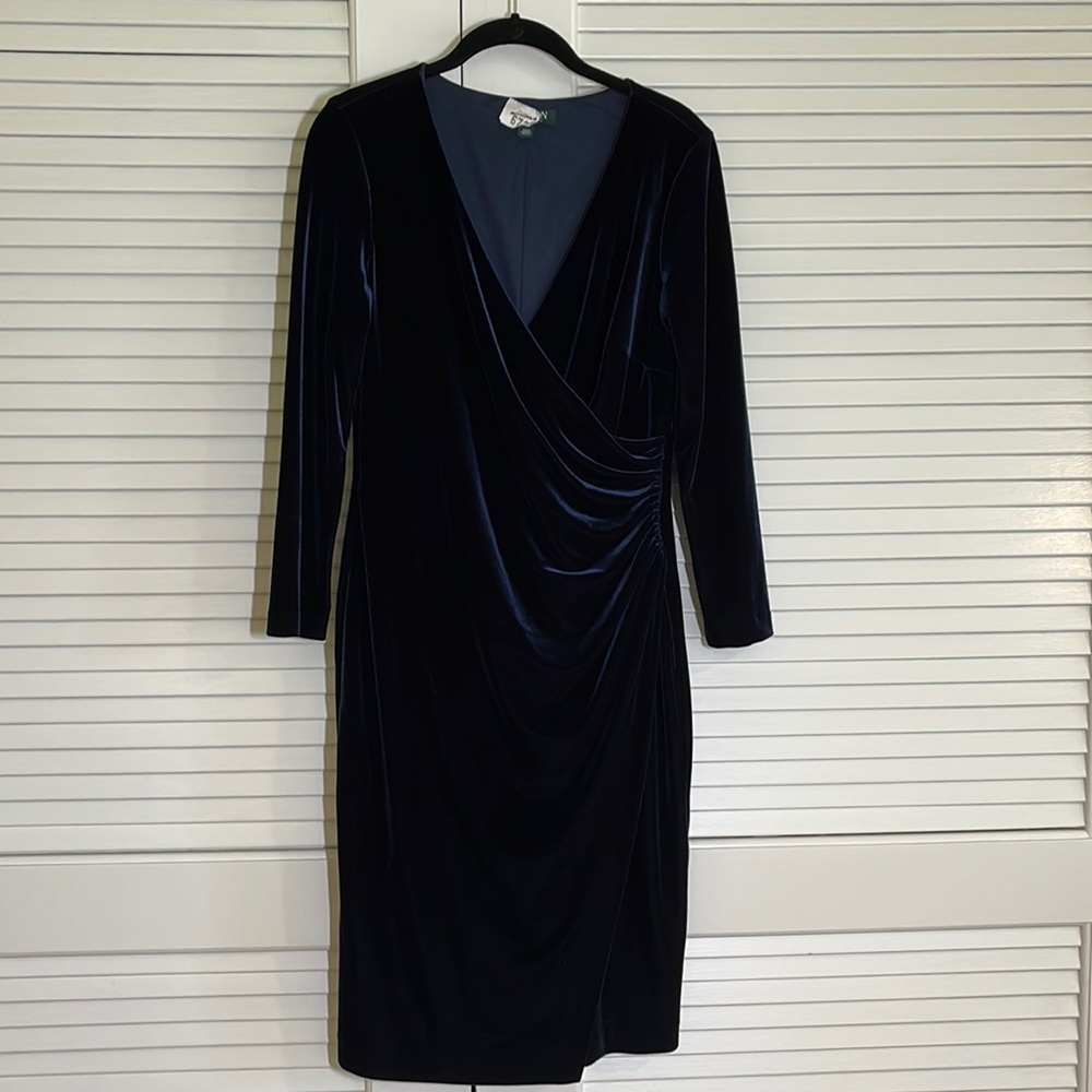 Ralph Lauren faux-wrap navy velvet dress with flattering ruching size 6